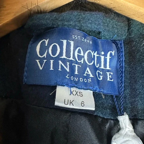 Collectif Vintage Pearl Blackwatch Check Coat Faux Fur Trim Plaid Green XXS NEW - Picture 3 of 6